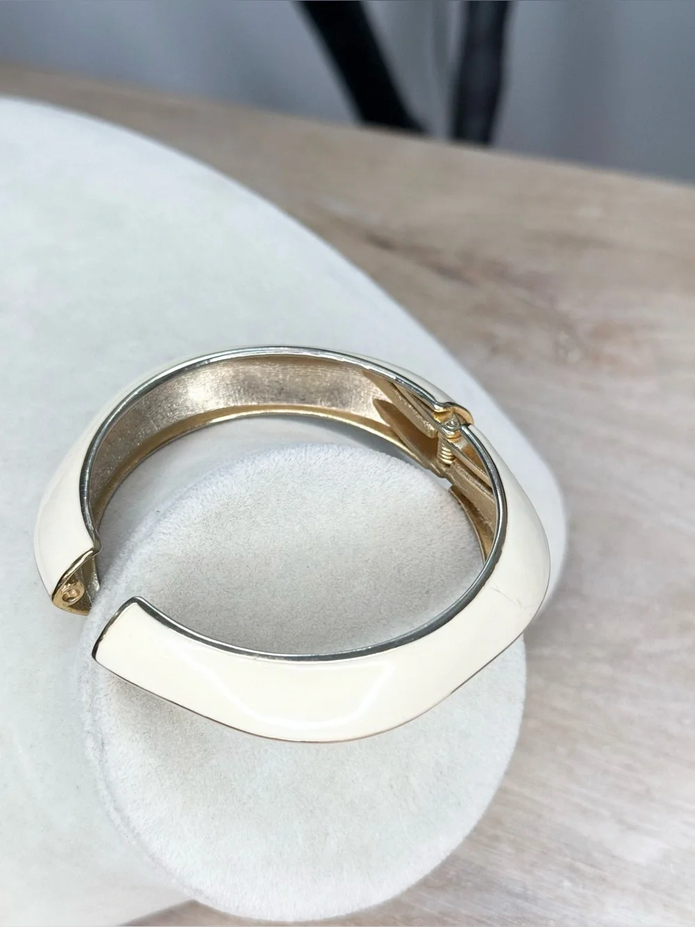 Ivory Enamel Hinged Bangle Bracelet Gold Tone Geometric 3” Statement Cuff